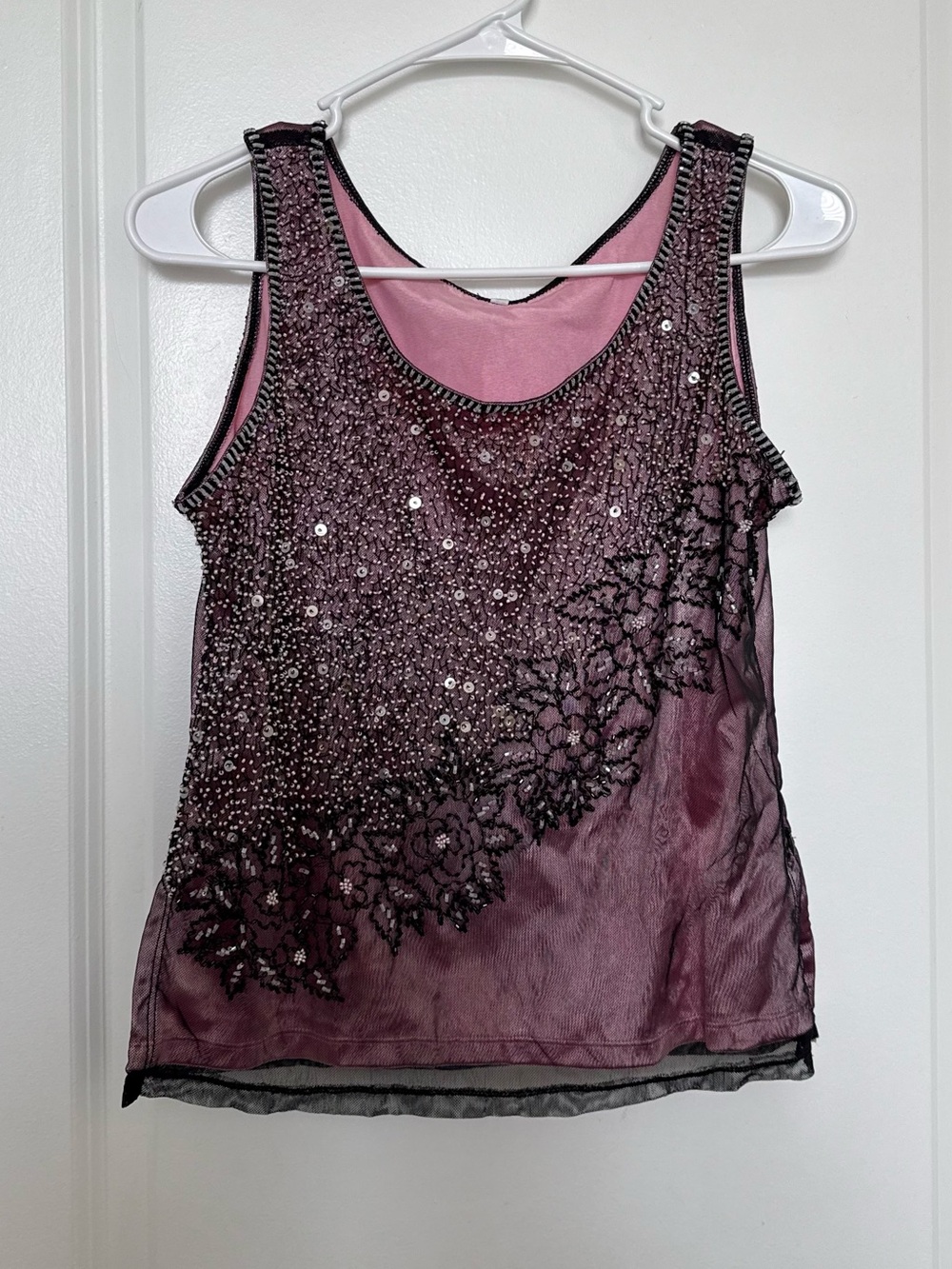 Embellished Sleeveless Pink Lace Overlay Tank Top